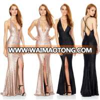 Backless Deep V Neck Sequins Champagne Ladies Gowns Evening Dress