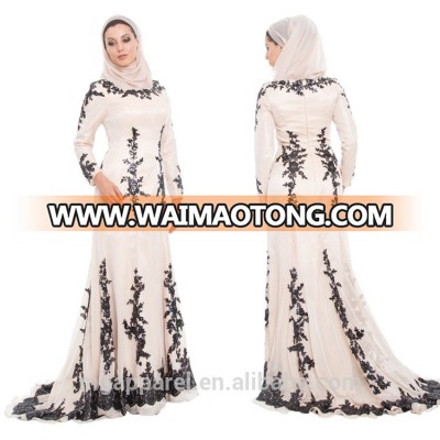 china OEM long sleeve muslim evening dress sequined silk beige muslim women formal dress, muslim evening gown with wrap hijab