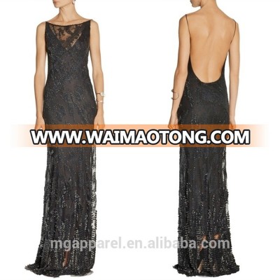 ladies long night dress sexy black gown sexy open back dresses embellished tulle evening gown