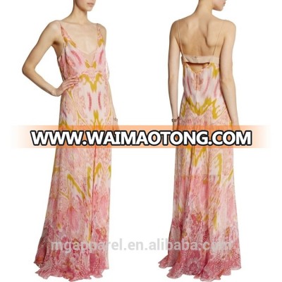 fashion women colorful silk dressing gown dress cut out back printed silk gown evening dress 2015